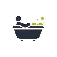 An icon that depicts a person enjoying a relaxing time in a bathtub, symbolizing tranquility, comfort, and selfcare. This icon is perfect for themes related to spa and wellness, promoting relaxation vector