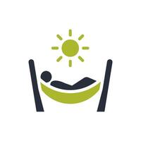 An icon shows a minimalist relaxation theme with a calm hammock and a person resting under the sun, symbolizing tranquility and wellness spa experiences that inspire peace and harmony vector