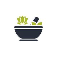 A soothing and tranquil icon that beautifully represents relaxation, featuring a mortar and pestle complemented by lush greenery, making it perfect for wellness, spa themes, and holistic practices vector