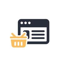 This icon represents online shopping, featuring a web browser and a shopping basket. It symbolizes ecommerce and illustrates consumer behavior trends in the digital marketplace vector