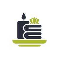 This beautifully designed icon showcases a calming spa setting that includes a candle, soft towels, and an elegant lotus flower, all of which together symbolize deep relaxation and tranquility vector