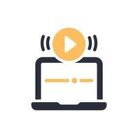 A modern and sleek icon illustrating a laptop featuring a prominent play button alongside stylized sound waves, symbolizing ondemand streaming services and the consumption of digital media vector