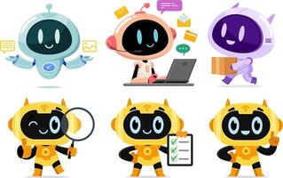 Cute Cartoon AI Robots with Different Expressions and Activities vector