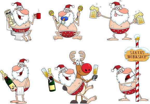 Drunk Naked Santa Claus And Reindeer Cartoon Characters. Hand Drawn Collection Set