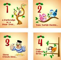 Christmas Song Themed Illustrations,First Four Days with Festive Birds from The Twelve Days of Christmas vector