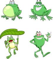 Cute green frogs characters set with big eyes and happy faces jumping and holding objects in humorous situations vector