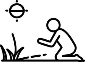 Wanderer kneels meadow mirrorlike surface reveals inner calm gentle face stares unknown horizon vector