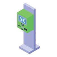 Green ticket machine displaying information on a digital screen in isometric view vector