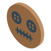 Creepy voodoo doll face with button eyes and stitched mouth isometric icon vector