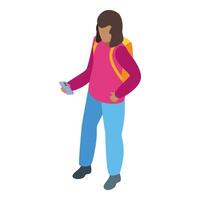 Tourist girl using smartphone and carrying backpack while walking vector