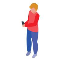 Blond boy using a smartphone, playing mobile games, or browsing the internet vector
