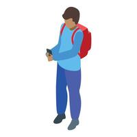 School student using smartphone app while carrying backpack, isometric view vector