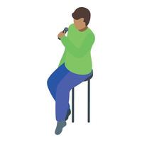 Young man singing with microphone while sitting on stool vector