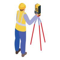 Surveyor working with theodolite on tripod, measuring land or building site vector