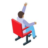 Spectator raising hand while sitting on red chair at event vector