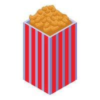 Popcorn box with red and purple stripes overflowing with popcorn kernels in isometric view vector