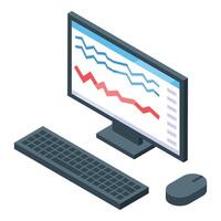 Desktop computer showing decreasing graph on monitor with keyboard and mouse vector
