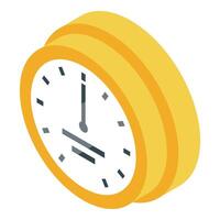 Yellow wall clock showing six o'clock, isometric view vector