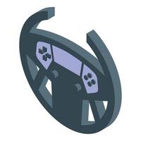 Gamer using steering wheel simulator playing racing game vector
