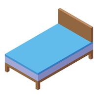 Comfortable single bed with blue sheets and wooden frame in isometric view vector