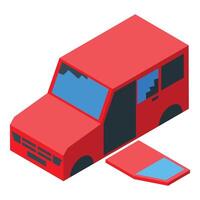 Red damaged car with broken windows and missing door is parked vector