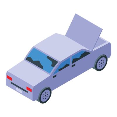 Broken car with open trunk and cracked windshield showing accident damage