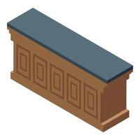 Long wooden reception desk with decorative panels and dark top in isometric view vector