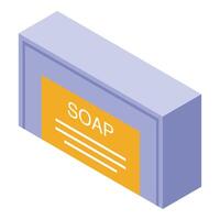Purple soap bar with orange label in isometric view promoting hygiene vector