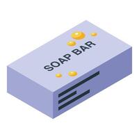 Purple soap bar with bubbles floating above in isometric view vector
