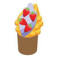 Hong kong egg waffle with cream and strawberries in a cardboard cup vector