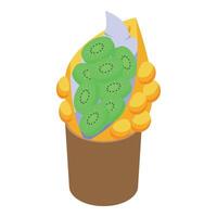 Hong kong bubble waffle filled with kiwi slices and whipped cream in isometric view vector