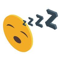 Sleeping emoticon with closed eyes and zzz text, isometric view vector