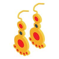Golden foot shaped earrings with red and grey circles adding a touch of elegance vector