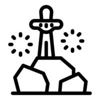 Spaceship landing on rocky planet with shining stars, line art icon vector