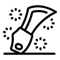 Billhook touching the ground with sparkles around, line art icon of a hand tool vector