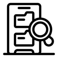 Magnifying glass exploring folders on smartphone screen, mobile file search application vector