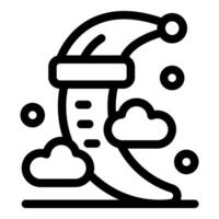 Crescent moon wearing sleeping cap with clouds and snowflakes, night time scene vector
