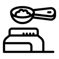 Measuring scoop holding protein powder above container with scale displaying nutritional information vector