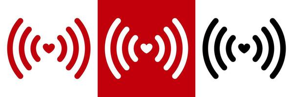 Radio wave icon with heart in the centre. Radio wave signal with heart - Symbol of connection, love and communication, minimalistic icon on red, white and black background. vector