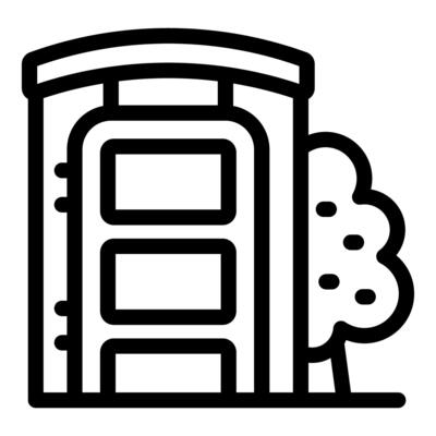 Bio toilet with canopy roof near green leafy tree, outline icon