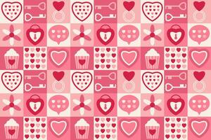 Geometric seamless pattern in pink color. Children cute cover design in flat style. Valentine's day heart bear, sweets simple shapes icon make mosaic endless background for sale banner print wrapping vector