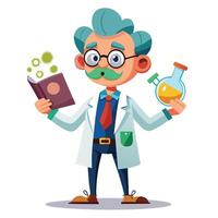 cartoon scientist holding a book and a flask vector
