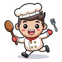 cartoon chef running with a spatula and fork, vector