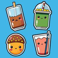 cute drink stickers set with hamburger, soda, juice and ice cream vector