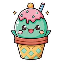 cute ice cream cone with a drink in it vector