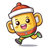 a cartoon cup with a hat running vector