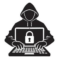 Mysterious Hacker Silhouette Using a Laptop with a Padlock Icon vector