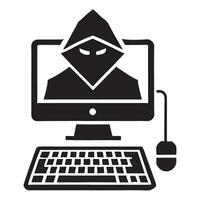 Sinister Hacker Silhouette on a Desktop Computer with a Mouse vector