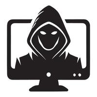 Smiling Evil Hacker Silhouette Peeking From a Computer Screen vector