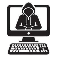 Silhouette of Hacker Inside Computer Screen vector